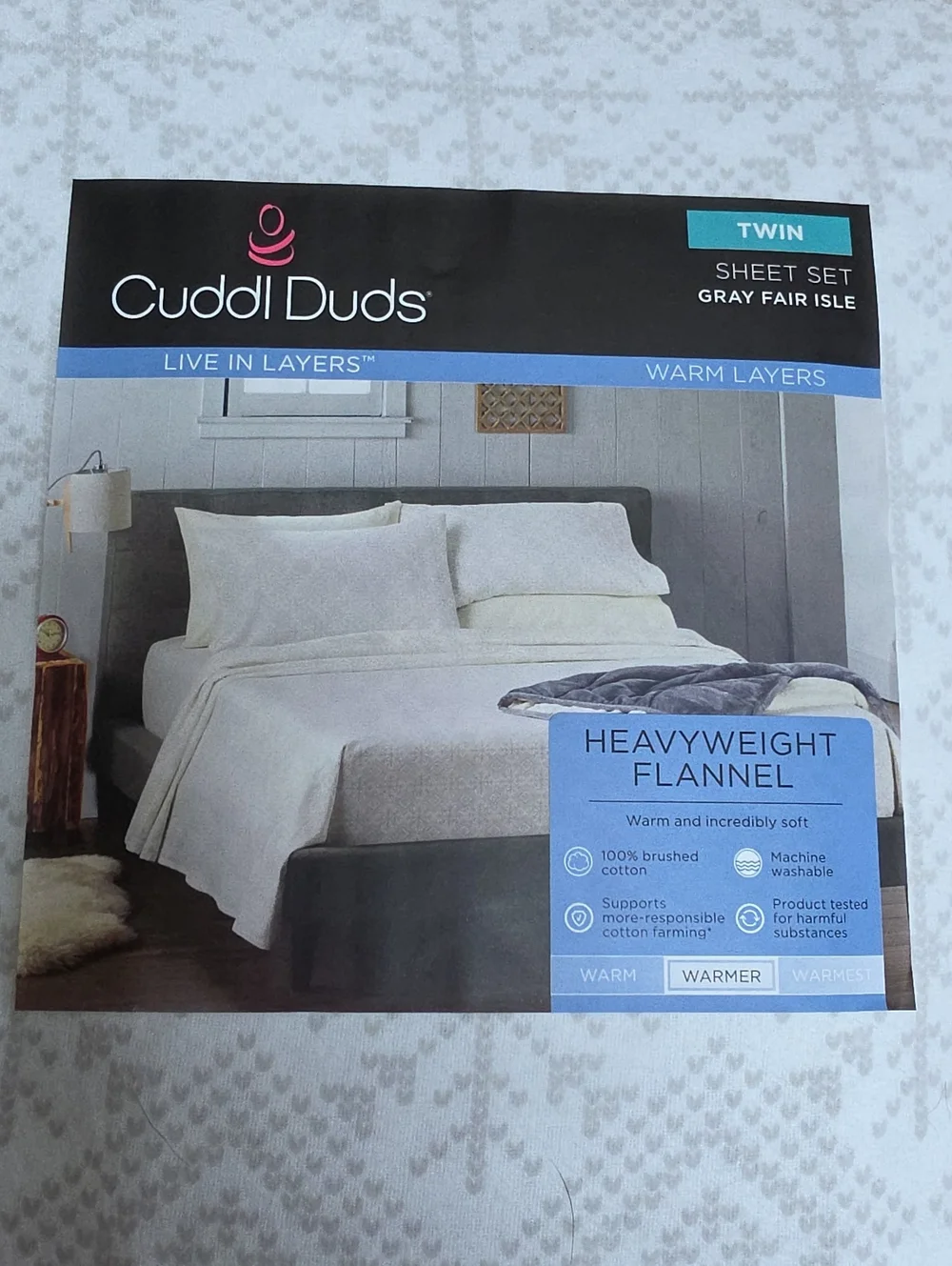 Cuddl Duds Twin Heavyweight Flannel Sheet Set in Light Gray Fair Isle
